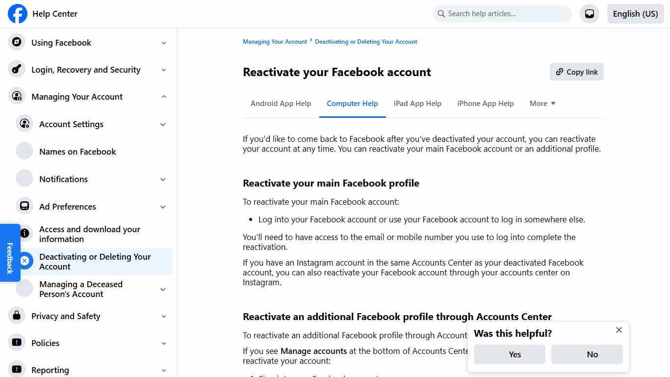 Reactivate your Facebook account Facebook Help Center