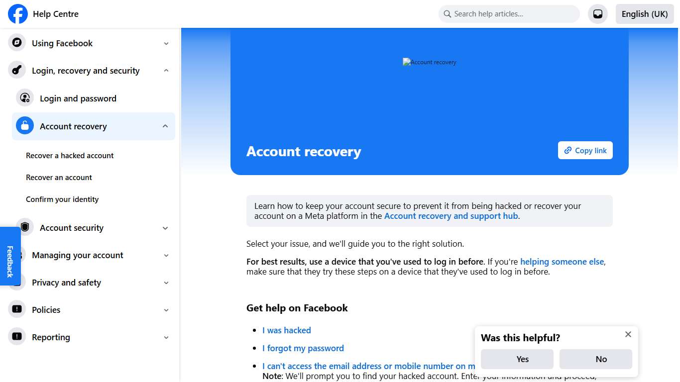 Account recovery Facebook Help Centre